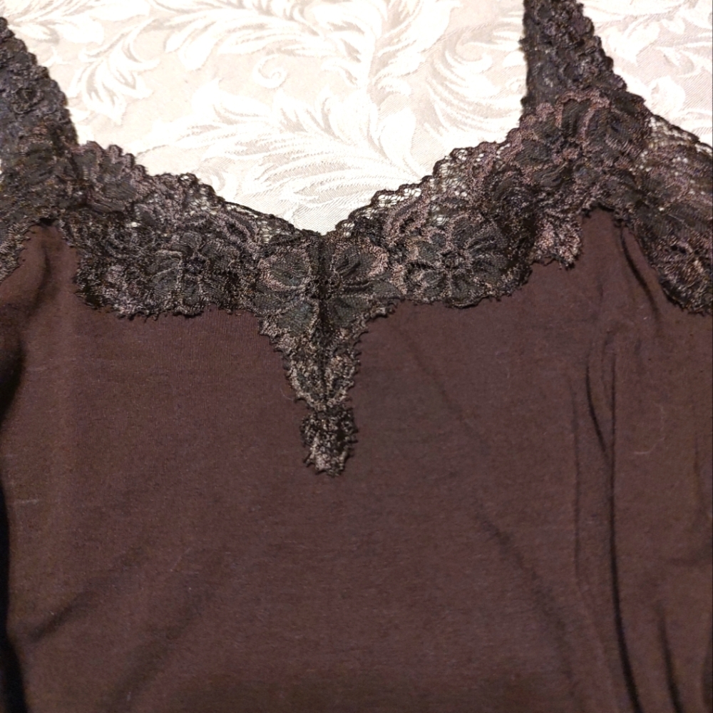 🔸🤎🔸Feminine Vintage Chocolate Brown Floral Lace Camisole Tank Top Blouse - M - Picture 9 of 16